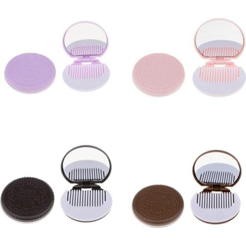 2x Portable Compact Folding Cosmetic Biscuit Makeup Mirror with Comb