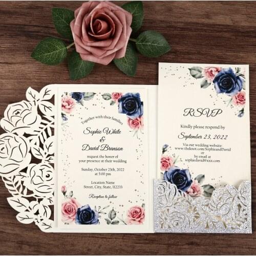 50pcs Glitter Sliver Color Laser Cut Wedding invitations Customized Printing Cards