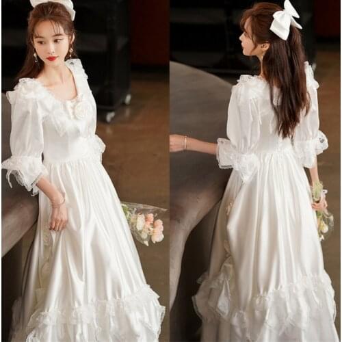 3190# Vintage Wedding Dresses Roun Neck Satin Ankle Length Lace Half Sleeve Bridal Dress Arabic Wedding Gowns vestido novia