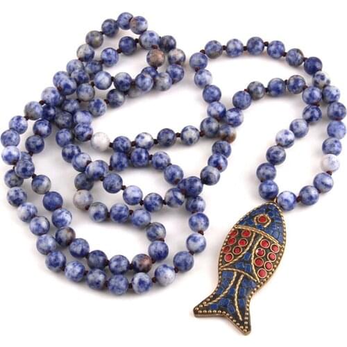 Free Shipping F Artisan Halsband Long Knot Blue Dot Stones Bead Fish Necklaces