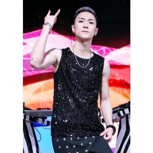 Free Shipping Black Sequin Clothing Mens vest Male singers Stage Costumes Bottoming Shirt Men Tops Terno Masculino