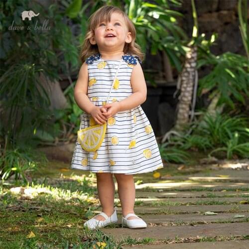 DBM13818 dave bella summer baby girls fashion bow print dress with a small bag party dress kids infant lolita 2pcs clothes