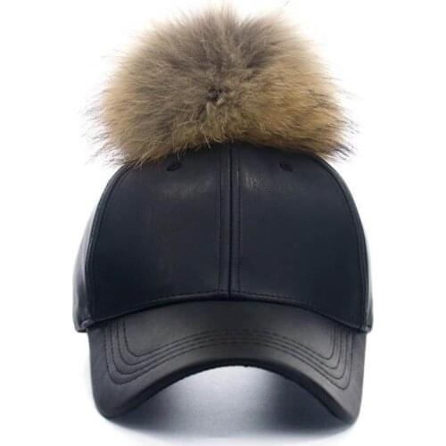 Doitbest Korean Autumn winter raccoon fur women Hip Hop Baseball Cap Noble Hairball Leather snapback Caps For Men Girls