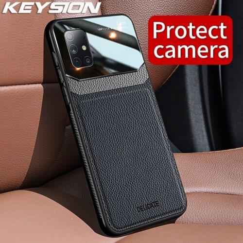 KEYSION Fashion Shockproof Case for Samsung A51 A71 5G Leather Mirror Tempered Glass Phone Back Cover for Galaxy A71 A51 4G
