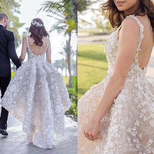 Luxury High Low Lace Appliqued Ball Gown Bridal Wedding Dresses V Neck Backless Wedding Gowns for Bride Short Front Long Back
