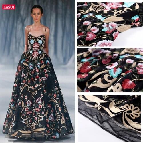 LASUI HOT SALE Good quality Multicolor Gold thread high density embroidery lace black mesh X0141