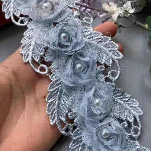1 Yard Lace Trim Blue Pearl Rose Flower Soluble 75mm Embroidered Ribbon Fabric Handmade DIY Wedding Dress Sewing Supplies Craft