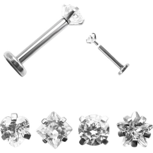 Fashion womens lip jewelry labret piercing lip bar stainless steel cubic zirconia 1.3x8mm crystal round square heart star new
