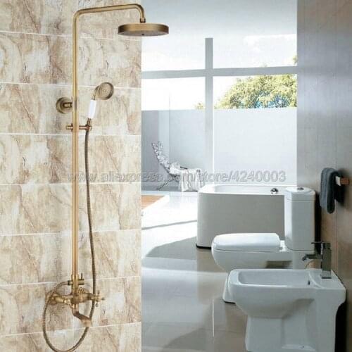 Antique Brass Shower Faucets Set Brass Rainfall Shower Mixer Tap Swivel Tub Spout Bathroom Shower Faucet Krs128