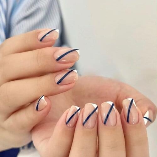 24pcs/Set Summer French False Nails Short Design Square Blue Line Full Cover Artificial Nail Accessories Art Tips with Glue