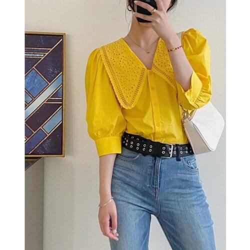 Spring New Product Embroidered Hollow Lapel Puff Sleeve Short Top Women Shirt