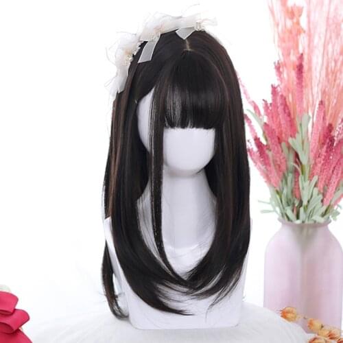 LANLAN Wig Female Daily Black/Brown Long Straight Hair Fashion Air Liu Hai Lolita Anime Party Synthetic Wigs