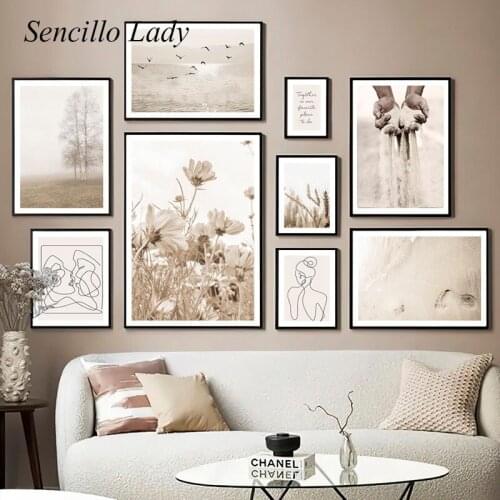 Scandinavian Decoration Nature Landscape Poster Flower Tree Beige Painting Canvas Art Print Wall Picture Nordic Home Room Decor