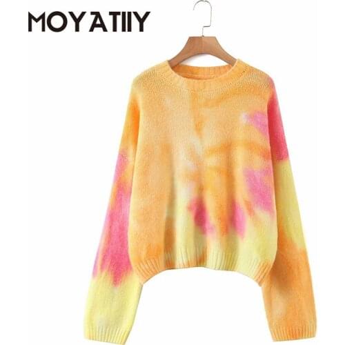 MOYATIIY Fashion Women Sweaters Spring Autumn Tie Dye Bohemia Style Pullovers Oversize Wide Sleeve Sunset Glow Female Tops