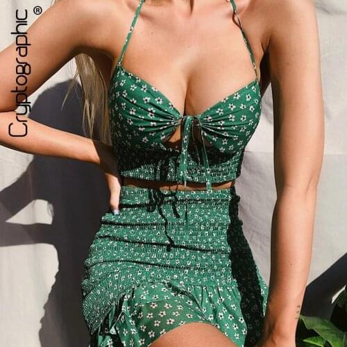 Cryptographic Floral Print Sexy Top and Skirt Two Piece Sets Matching Sets Halter Tie Front Backless Crop Tops Summer Outfits