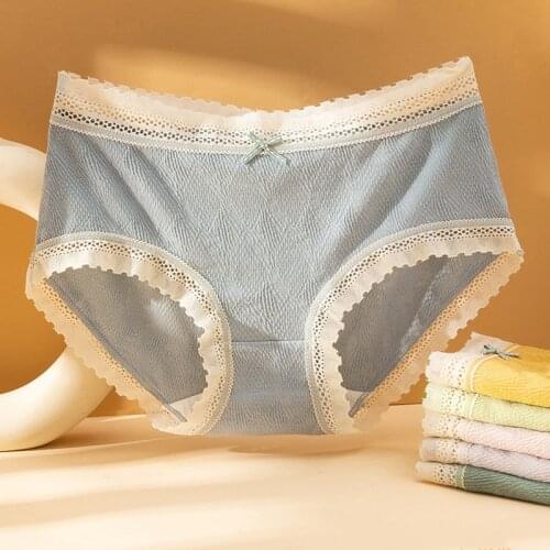 Wasteheart New Women Fashion Purple Green Cotton Mid Waist Panties Lace Bow Underwear Lingerie Briefs Underpants Briefs F