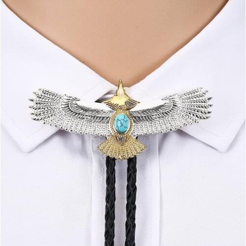 Western cowboy bolo tie silver gold eagle natural turquoise leather collar rope unisex casual clothing accessories