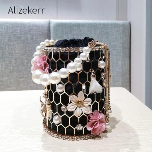Flowers Rhinestones Metal Evening Bag Women Luxury Designer Diamonds Alloy Cage Pearls Dinner Clutch Purse Ladies Chic Handbag