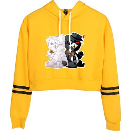 Women Anime Danganronpa Monokuma black white bear Yellow Women Crop Top Hoodie Kpop Short Sweatshirt Pullover Tops