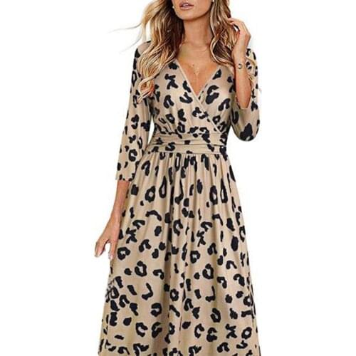 Sexy Lady Dress Solid Color All Match Skin-friendly Loose Hem Leopard Print V Neck Three Quarter Sleeve Women Dress for Work
