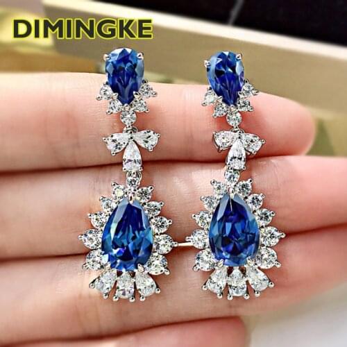 Water Drop Shaped Sapphire Diamond Long Earrings S925 Sterling Silver Womens Wedding Anniversary Party Jewelry