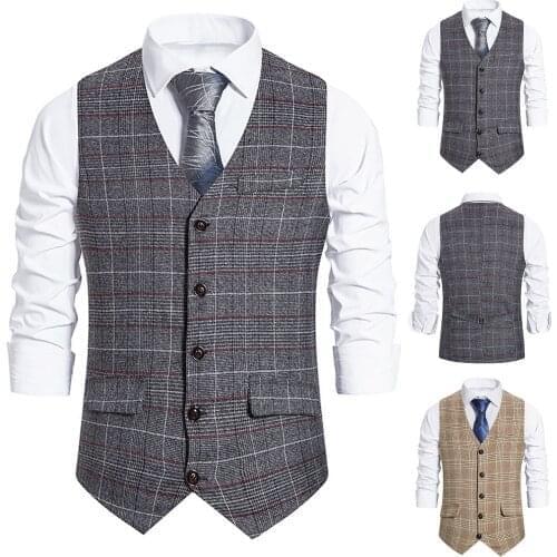 Mens Suit Vest Plaid Single Breasted Blended Mens Vest Waistcoat Jacket Slim Fit Casual Formal Mens Business Vest Gilet Homme