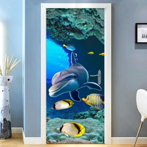 2 Pieces/Set Self-Adhesive Door Sticker 3D Dolphin Wallpaper Kids Bedroom Toilet Door Sticker PVC Waterproof Home Decor 3D Mural