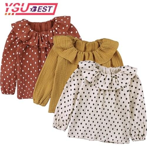 2020 Ruffle Sleeves Cotton Dot Top T-shirt Baby Girl Solid Long Sleeve T Shirt Kids O-neck Toddler Shirts Autumn Girls T Shirts