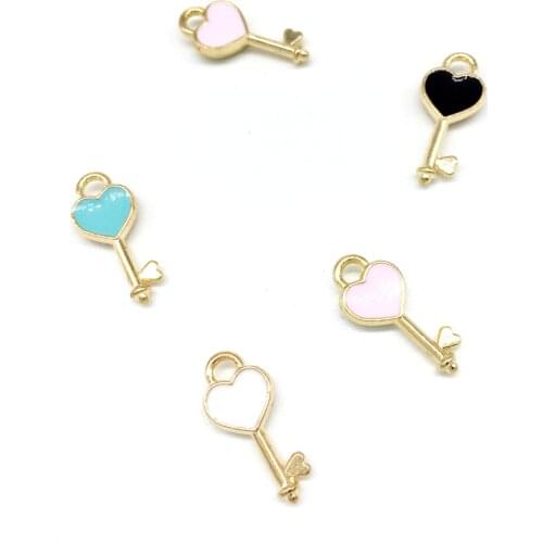 30pcs/lot New 7*16mm Heart Shape Key Enamel Pendant Carousel Charms for DIY Bracelet Necklace