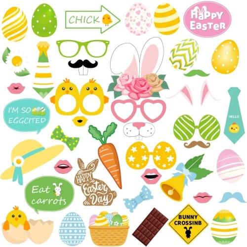 44pcs/set Happy Easter Party Decorations Lovely Rabbit Photo Booth Props Easter Colorful Eggs Photobooth Props Party Supplies