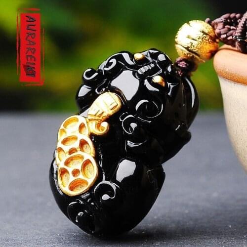 AURAREIKI Obsidian Brave Troops Pendant Gild Retro Pendant Necklace Exorcise Evil Spirits PI XIU Amulet Blessing Lucky Pendant