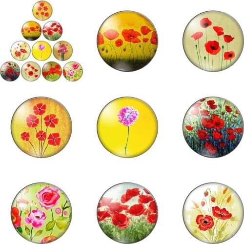 Beauty Sunflower Poppy Flowers Round Photo Glass Cabochon Demo Flat Back Making Findings Handmade DIY Accessories