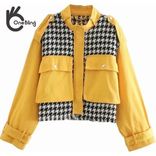 OneBling 2021 Za Traf Vintage Patchwork Pockets Jacket Coat Long Sleeve Houndstooth Stand Collor Outwear Tops Zip Overcoat