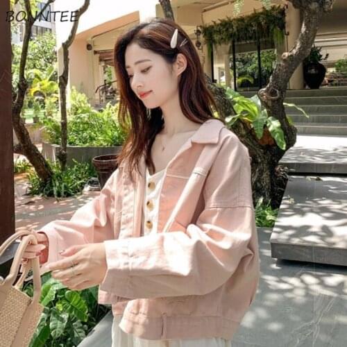 Basic Jackets Women Denim High Street Pink Female Ins Loose Autumn Single-breasted Solid Vintage Breathable Friend Sweet Kawaii