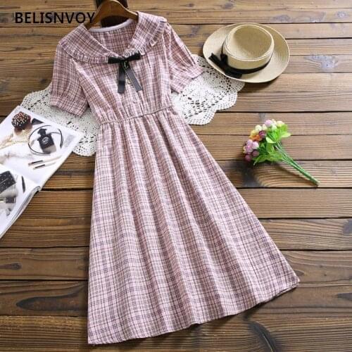 Summer Japan Style Dresses Women Elegant Plaid Ruffles Bow Collar Lantern Sleeve Vintage Vestidos Cotton Linen Girls Sweet Dress