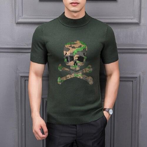 New Casual Brand Design Oversized Double-Sided Skull Mens Fashion T-Shirt Street Sweater Hot Drilling Knit Short Sleeve