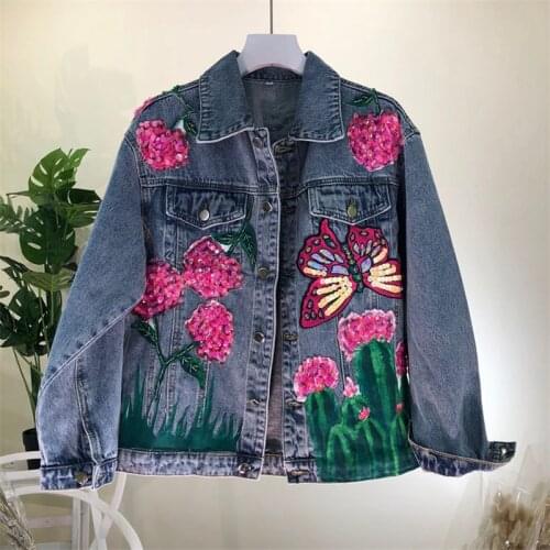 2021 New Autumn Denim Jacket Women Coat Heavy Industry Beaded Flower Sequin Butterfly Jeans Jacket Vintage Streetwear Outerwear