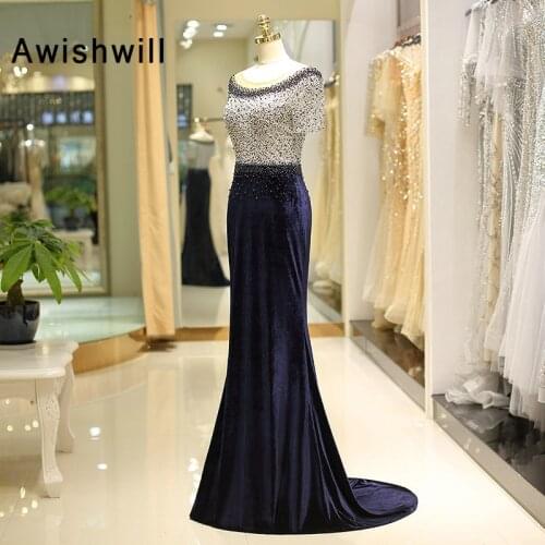 New Arrivals Velvet Evening Dress Long Navy Blue Chic Beaded Lace Woman Mermaid Formal Prom Dress Short Sleeve Party Gown