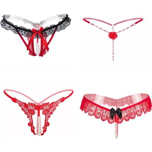 Sexy Women Underwear Panties Red Massage Pearl G-string Thong For Women Porn Lace Crotchless Erotic Lingerie Briefs for Sex