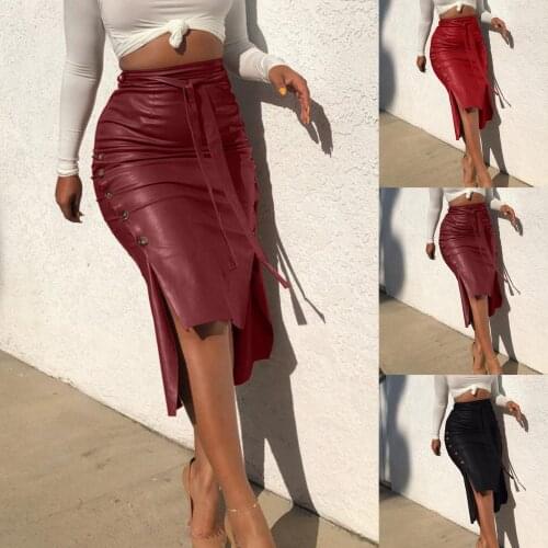 Sexy Women Autumn Winter Faux Leather Bandage Button Bodycon Split Midi Skirt High Waist Leather Skirt Multi Button Wrap Skirts