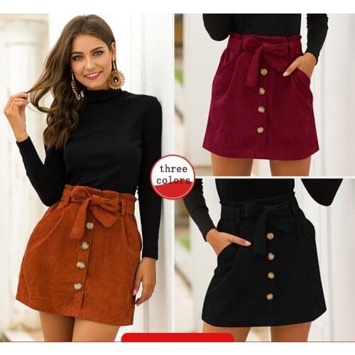 Spring Harajuku Office Lady School Womens Short Skirt Denim Style Button A-line Corduroy High Waist Pocket Mini Skirt Belt