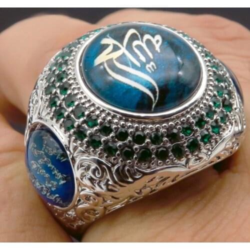 High Quality Mens Cool Large Green Stone Ring Islam Arabic God Message Huge Signet Ring Punk Jewelry anillo hombre Z5X808
