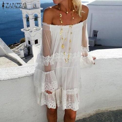 ZANZEA 2021 Bohemian Lace Dress Womens Sundress Casual Ruffle White Vestidos Female Off Shoulder Summer Robe Plus Size Dress 7
