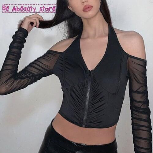 Halter Zipper T-Shirt Elegant Sexy V-Neck Mesh Tops Summer Womens See Through Off Strapless Sleeve Crop Tops Club Tee Shirts