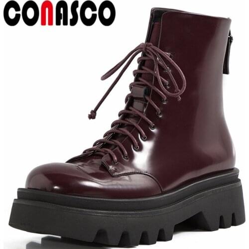 CONASCO Punk Women Ankle Boots Autumn Winter Warm Cow Patent Leather Prom Concise Shoes High Quality Motorcycle Boots Woman