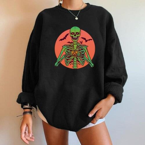 Funny Skull Skeleton Pumpkin Print Sweatshirts Streetwear Women Long Sleeve Drop-shoulder 2021 Halloween Streetwear Moletom