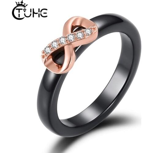 Real Sterling Silver 925 Infinity Ceramic Rings Family Forever Clear Crystal Charm For Women Wedding Anniversary Jewelry Gift