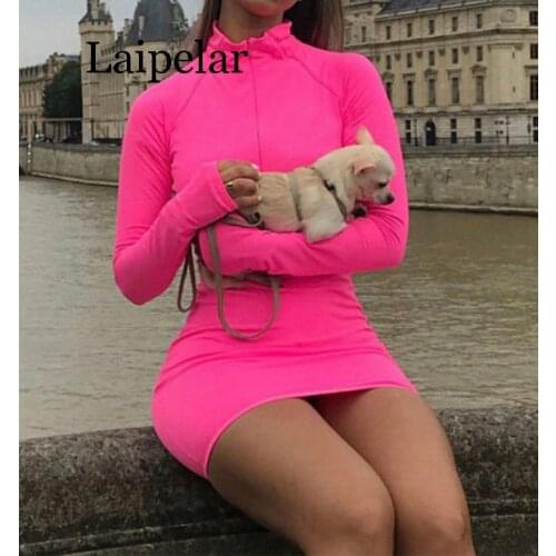 Laipelar Neon Green Long Sleeve Bodycon Dress Spring 2019 Zipper Stretch Casual Sexy Short Night Club Dresses