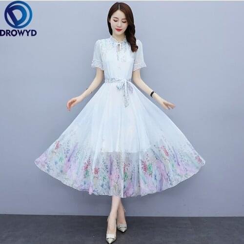 2021 Summer New Style Elegant and Fashion Short-sleeved Stand-up Collar Chiffon Big Swing Dress for Women Runway Party Vestidos