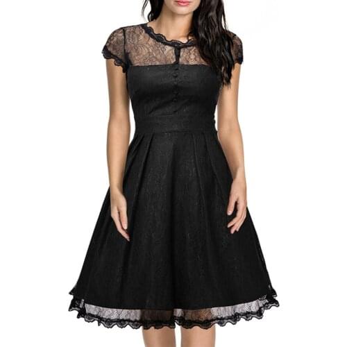Women Summer 2021 Vintage Solid A-line Party Dress Fashion Elegant Sexy Lace O-neck Office Lady Hollow Out Temperament Dress